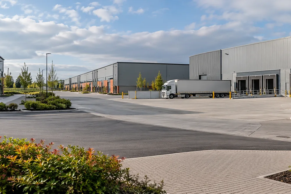 Commercial warehouse buildings and loading bays in a landscaped industrial estate