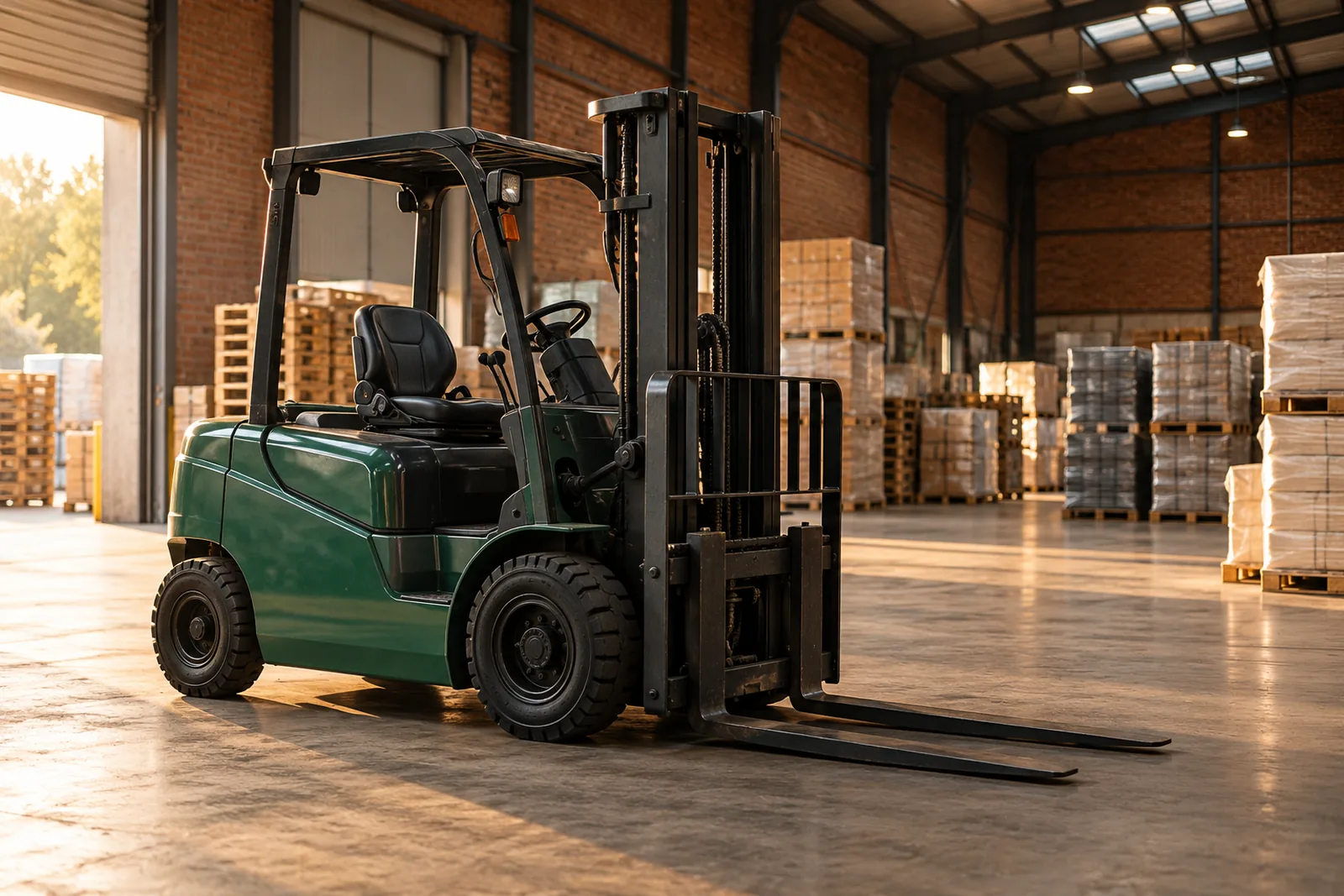 Green counterbalance forklift parked in a spacious commercial warehouse
